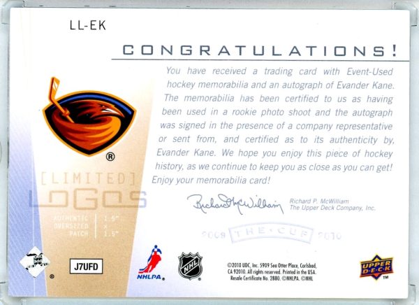 2009-10 Evander Kane Thrashers UD The Cup /50 Auto Patch Rookie Card #LL-EK