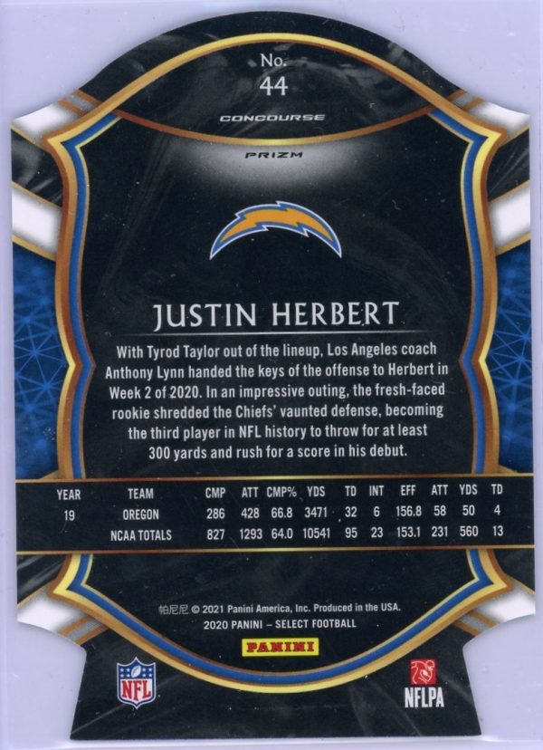 2020 Justin Herbert Chargers Panini Select Neon Green Concourse Die Cut Rookie Card #44