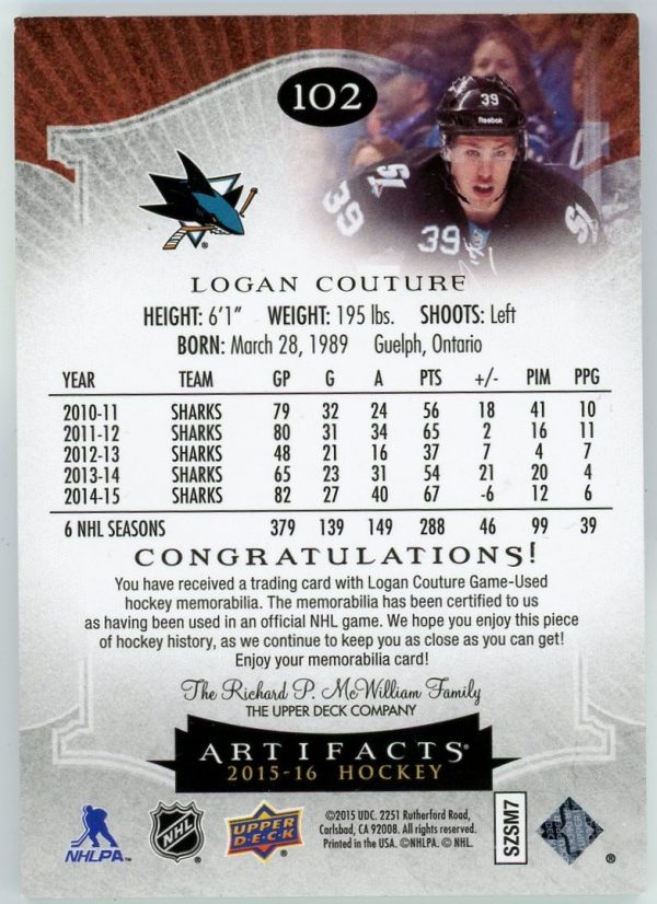 Logan Couture 2015-16 UD Artifacts Black Patch/Tag /3 #102