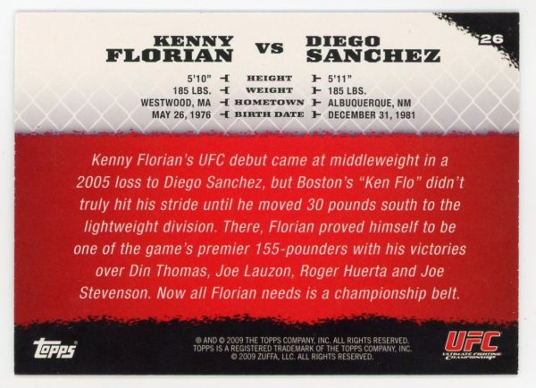 2009 Kenny Florian vs Diego Sanchez UFC Topps Round 1 Rookie Card #26