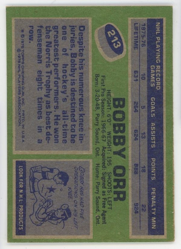 Bobby Orr 1976-77 Topps Hockey Card #213