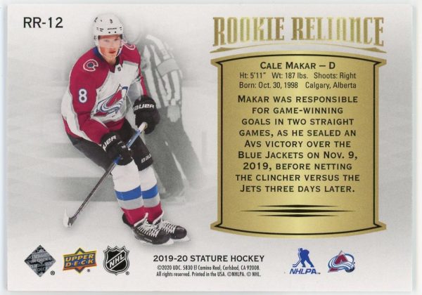 2019-20 Cale Makar Avalanche UD Stature Rookie Reliance Rainbow Rookie Card #RR-12