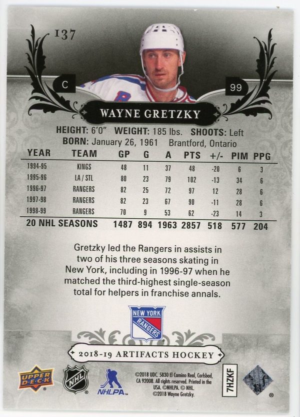 2018-19 Wayne Gretzky Rangers UD Artifacts /599 Card #137