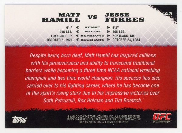 2009 Matt Hamill vs Jesse Forbes UFC Topps Round 1 Rookie Card #43