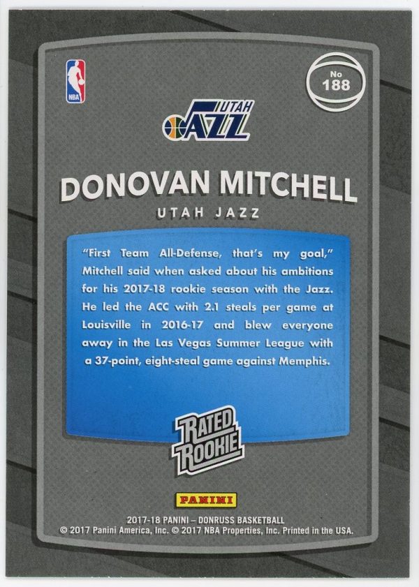 Donovan Mitchell Jazz Panini 2017-18 Donruss Rated Rookie Card #188
