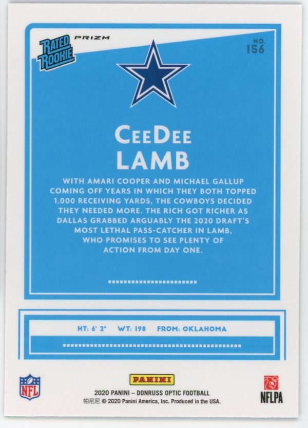 2020 CeeDee Lamb Cowboys Panini Optic Donruss Blue Scope Rated Rookie Card #156