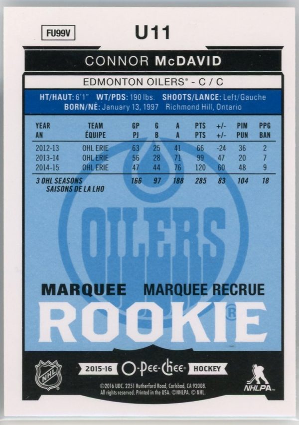 2015-16 Connor McDavid Oilers OPC Rainbow Rookie Card #U11