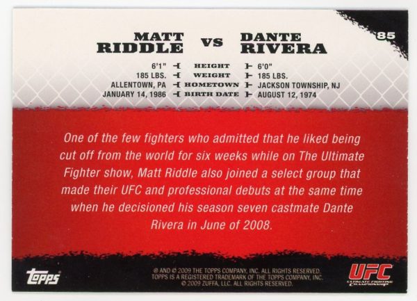 2009 Matt Riddle vs Dante Rivera UFC Topps Round 1 Rookie Card #85
