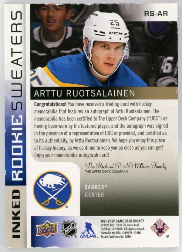 Arttu Ruotsalainen 2021-22 UD SP Game Used Inked Rookie Sweaters /49 #RS-AR