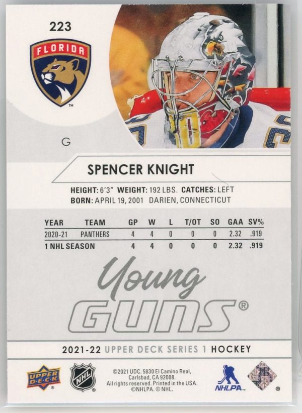 2021-22 Spencer Knight Panthers UD Young Guns Rookie Card #223