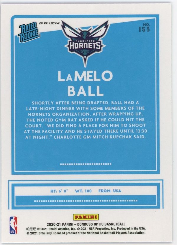 LaMelo Ball Hornets 2020-21 Donruss Optic Blue Velocity Rated Rookie Card #153