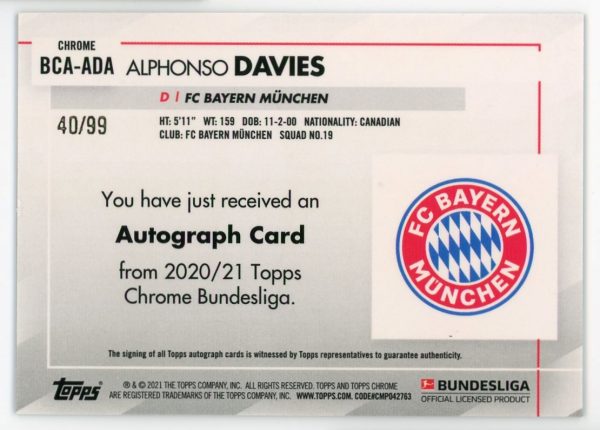 Alphonso Davies Bayern Munich 2021 Topps Chrome Green Refractor Auto /99 Card #BCA-ADA