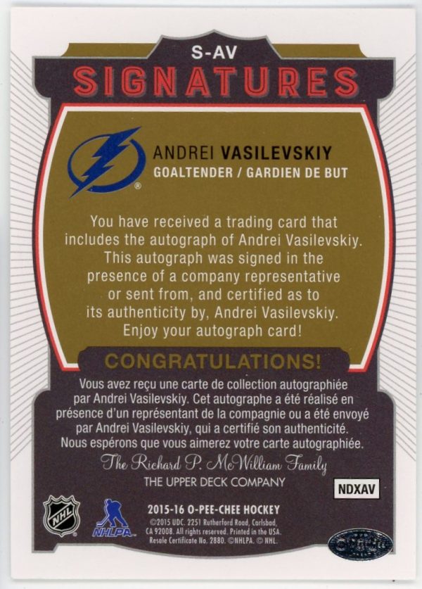 Andrei Vasilevskiy 2015-16 O-Pee-Chee Signatures #S-AV