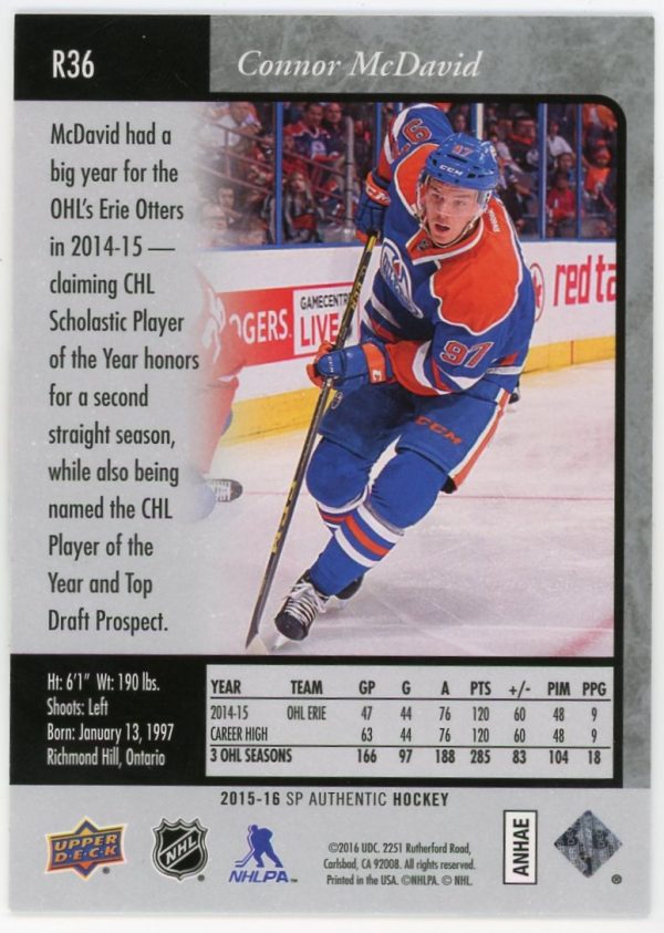Connor McDavid Oilers UD 2015-16 Premier Prospects Card#R36