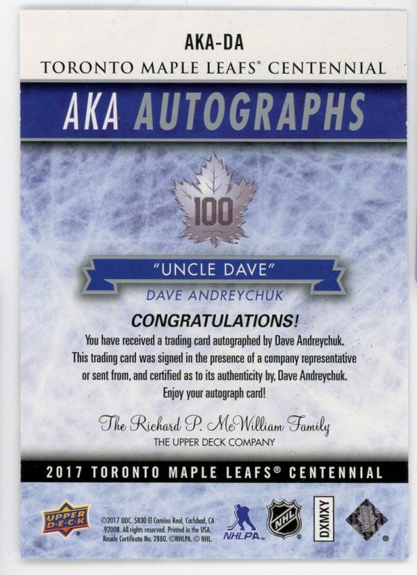 Dave Anderychuk 2017-18 Maple Leafs Centennial "Uncle Dave" Auto AKA-DA