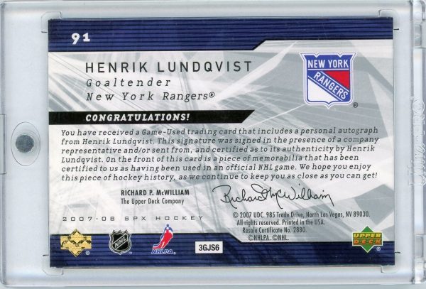 2007-08 Henrik Lundqvist Rangers UD SPX /10 Auto Patch Card #91
