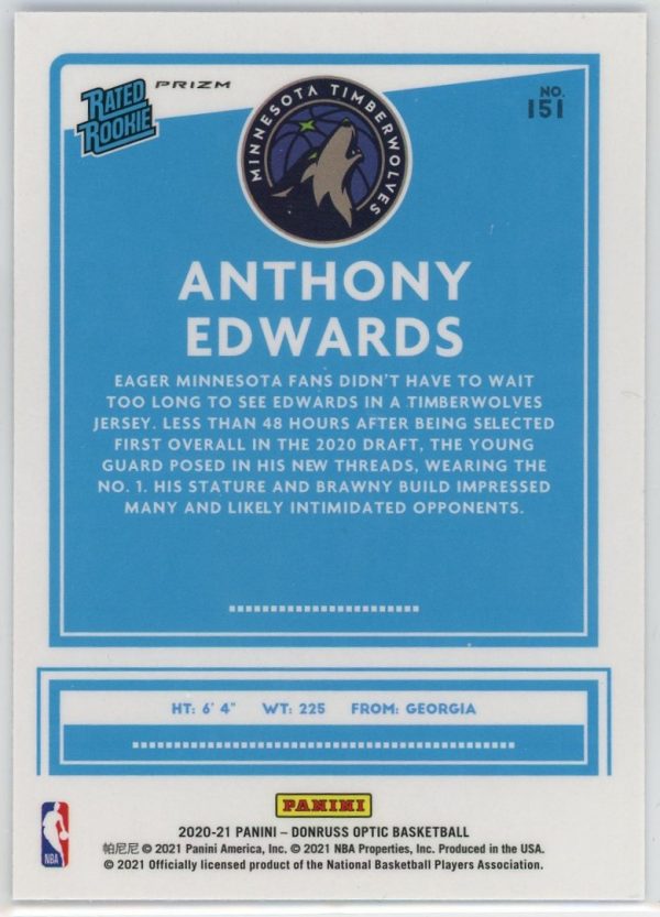 Anthony Edwards Timberwolves 2020-21 Optic Blue Velocity Rated Rookie Card #151