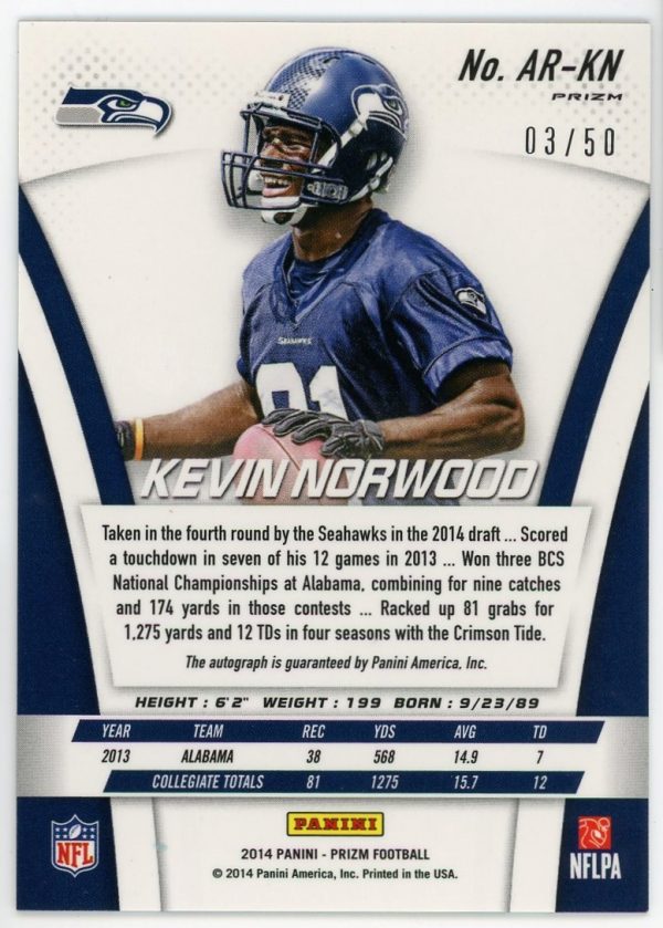 Kevin Norwood Seahawks 2014 Panini Prizm Orange Refractor Rookie Auto /50 Card #AR-KN
