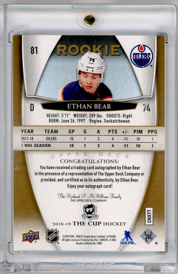 Ethan Bear Oilers UD 2018-19 Autographed Rookie Card#81 10/36