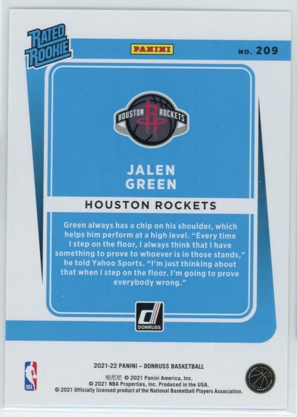 Jalen Green Rockets 2021-22 Donruss Green Yellow Laser Rated Rookie Card #209