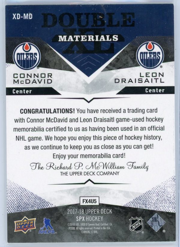 2017-18 Connor McDavid Leon Draisaitl Oilers UD SPX Double XL Materials Patch Card #XD-MD