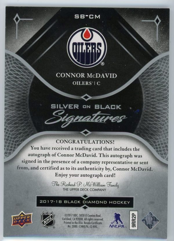 2017-18 Connor McDavid Oilers UD Black Diamond /50 Silver On Black Signatures Card #SB-CM