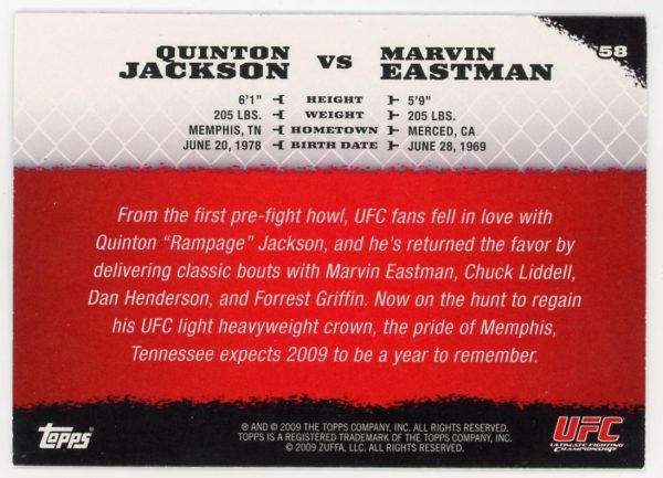 2009 Quinton Jackson vs Marvin Eastman UFC Topps Round 1 Rookie Card #58