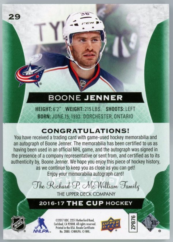 Boone Jenner 2016-17 UD The Cup Green Fight Strap/Auto /3 #29