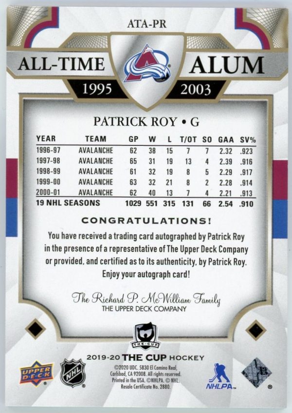 Patrick Roy 2019-20 UD The Cup All-Time Alum Auto /25 #ATA-PR