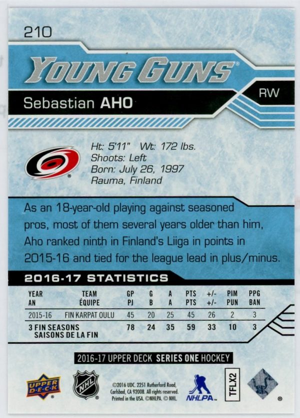 Sebastian Aho Hurricanes UD 2016-17 Young Guns Rookie Card#210