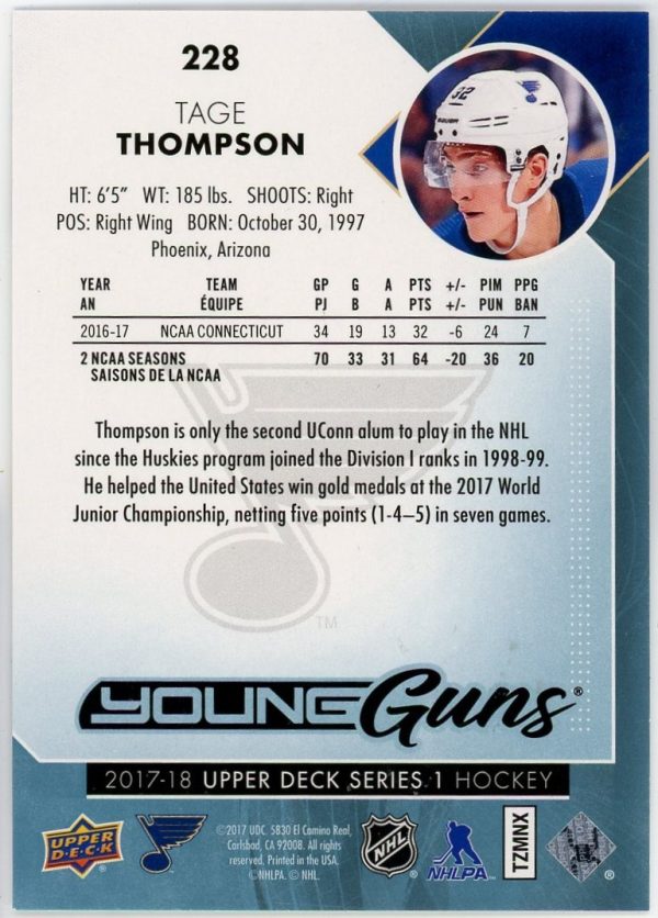 Tage Thompson 2017-18 Upper Deck Series 1 Young Guns #228