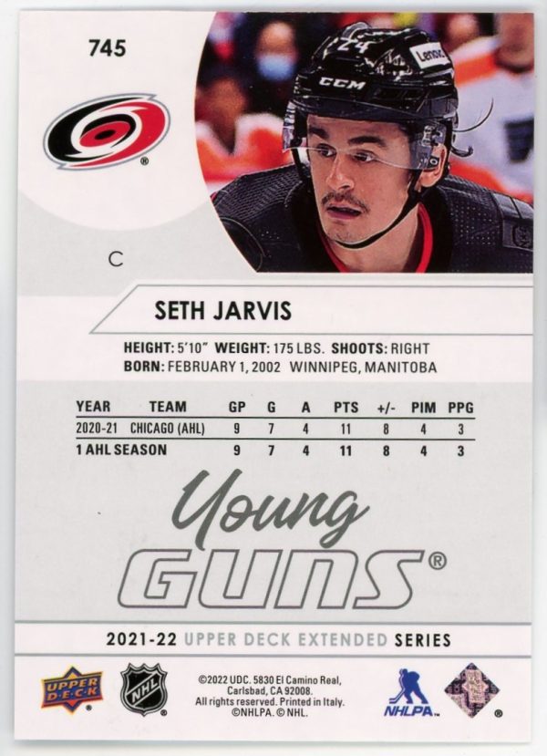 Seth Jarvis 2021-22 Upper Deck Extended Series Young Guns #745