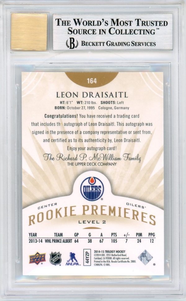 Leon Draisaitl 2014-15 UD Trilogy Rookie Premiers Level 2 Autograph /399 #164 BGS 9
