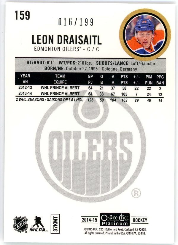 Leon Draisaitl Oilers OPC 2014-15 Platinum Rookie Card#159 016/199