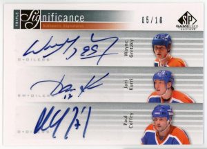 Wayne Gretzky Jari Kurri Paul Coffey Oilers 2011-12 SP Game Used Triple Significance Auto /10 Card# 3SIG-OIL