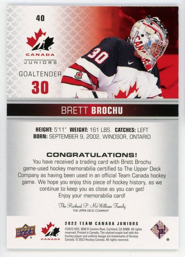 Brett Brochu 2022 Upper Deck Team Canada Juniors Jersey Card #40
