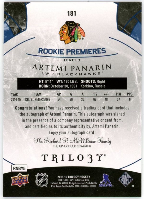 Artemi Panarin 2015-16 UD Trilogy Rookie Premiers Autograph Level 3 /72 #181