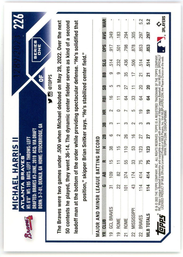 Michael Harris 2023 Topps Rookie Baseball Card #226 - Atlanta Braves at  's Sports Collectibles Store