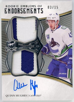 Quinn Hughes 2019-20 UD The Cup Rookie Emblems Of Endorsements RPA /15 EE-QH
