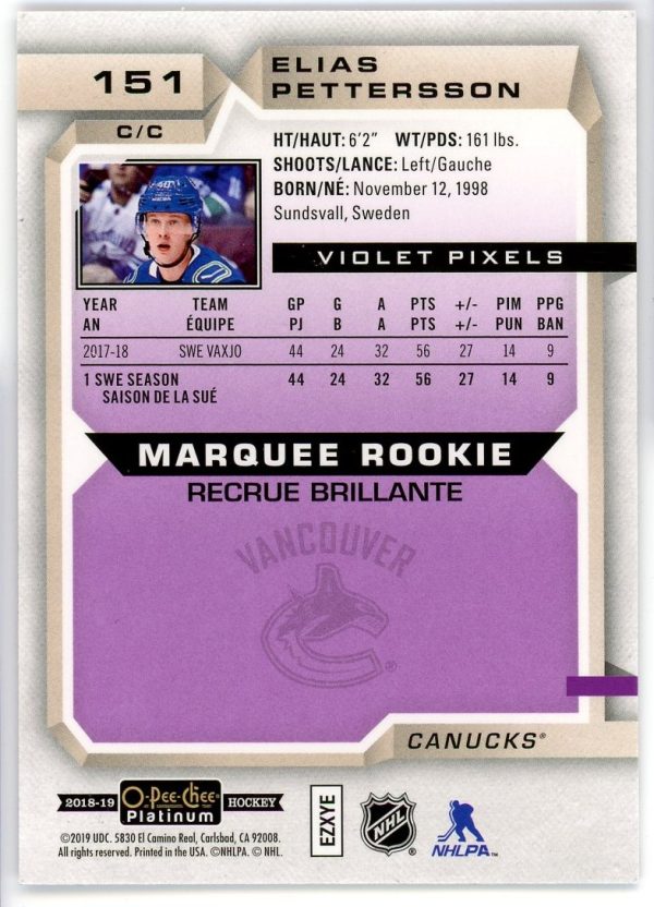 Elias Pettersson 2018-19 O-Pee-Chee Platinum Violet Oixels Marquee Rookie #151