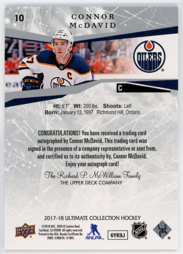 Connor McDavid Oilers 2017-18 UD Ultimate Collection Auto /10 Card #10