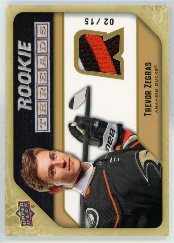 Trevor Zegras 2021-22 UD Series 2 Rookie Threads Gold Patch /15 RT-TZ