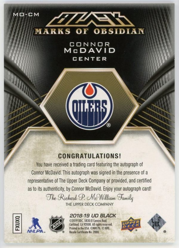 Connor McDavid Oilers 2018-19 UD Black Marks of Obsidian Auto /25 Card #MO-CM