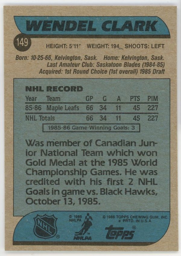 Wendel Clark 1986-87 Topps Rookie Card #149