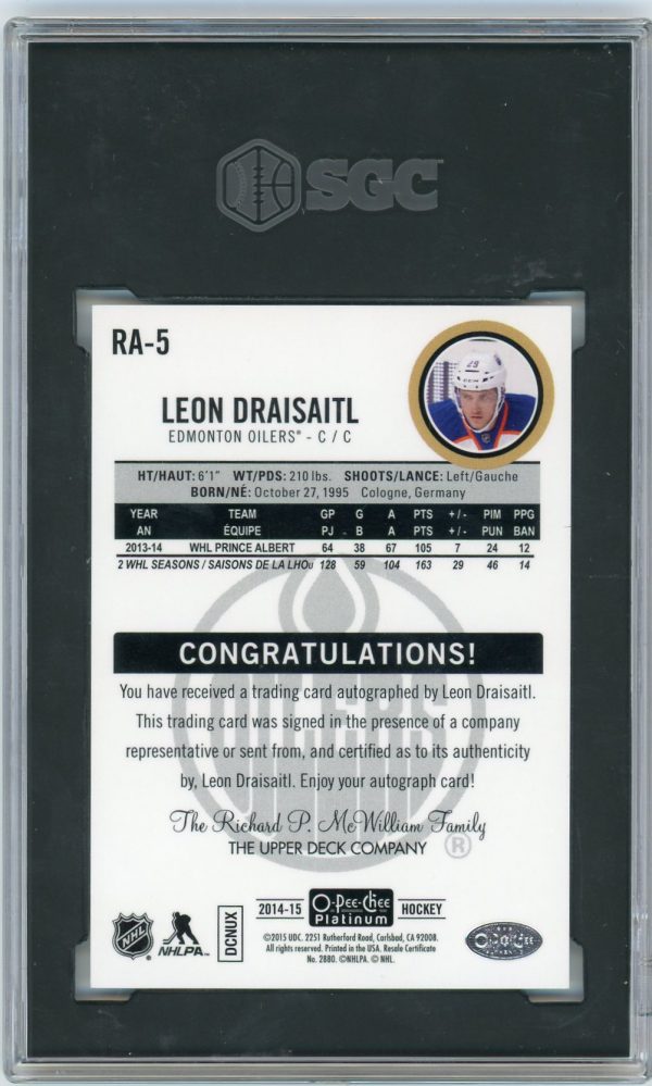 2014-15 Leon Draisaitl Oilers OPC Platinum SGC 9 Auto 10 Rookie Card #RA-5
