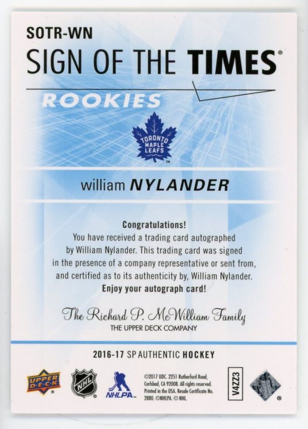 William Nylander 2016-17 UD Sp Authentic Sign Of Times Rookies /99