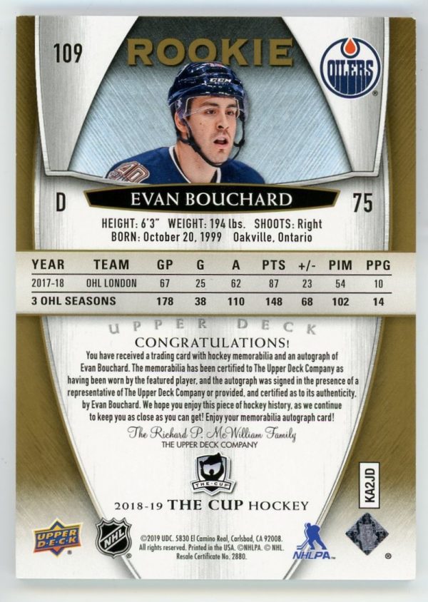 Evan Bouchard 2018-19 UD The Cup Gold Rpa /24 #109
