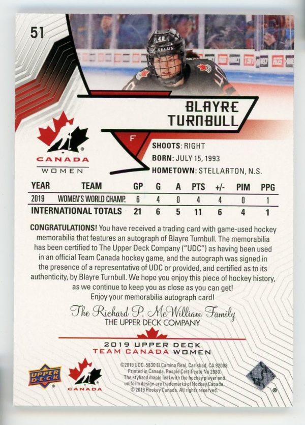 Blayre Turnbull 2019 UD Team Canada Women Patch Auto 181/199 Card #51