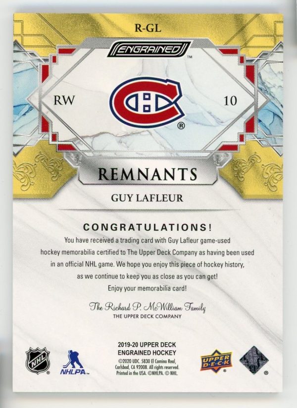 Guy Lafleur Canadiens 2019-20 UD Engrained Remnants Relic /100 Card #R-GL