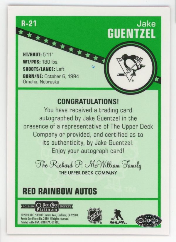 Jake Guentzel Penguins 2019-20 OPC Platinum Red Rainbow Auto Card #R-21